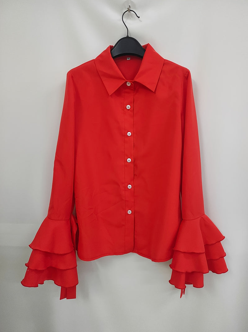 Solid Layered Flare Sleeve Blouse, Elegant Single Button Blouse For Spring & Fall, Women's Clothing