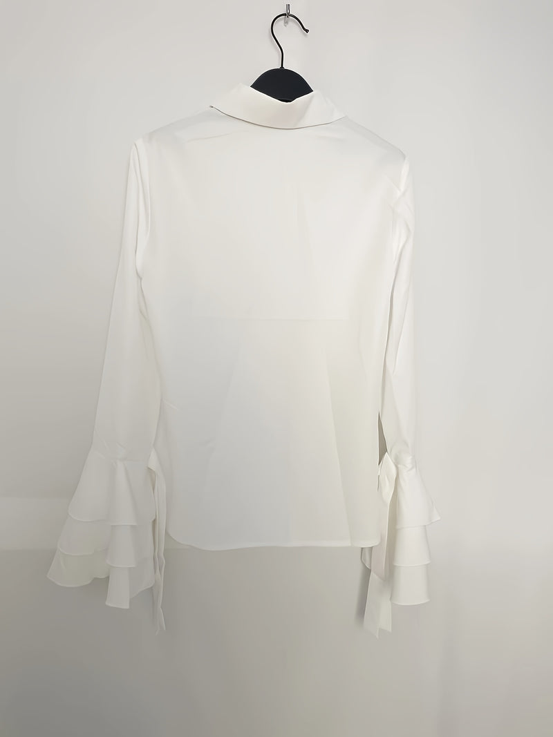 Solid Layered Flare Sleeve Blouse, Elegant Single Button Blouse For Spring & Fall, Women's Clothing