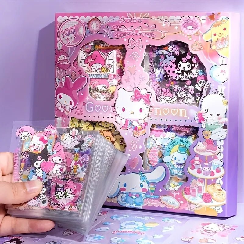 Conjunto de 100 adesivos não repetitivos Cinnamoroll Kuromi Melody Hello Kitty Sanrio Papelaria à prova d'água