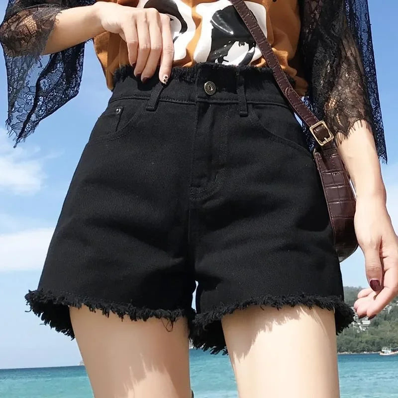 Spring Summer Women Denim Shorts Women Wide Leg Short Jeans Fashion Female High Waist Black Tassels Caual Shorts Girls