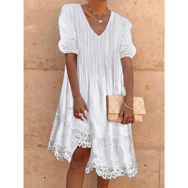 Women'S Soild Lace Skirts Summer V Neck Short Sleeve Casual White Dress For Ladies Loose And Comfortable Vestido Feminino