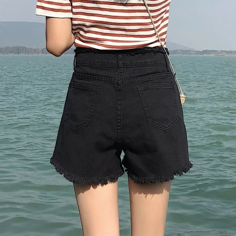 Spring Summer Women Denim Shorts Women Wide Leg Short Jeans Fashion Female High Waist Black Tassels Caual Shorts Girls