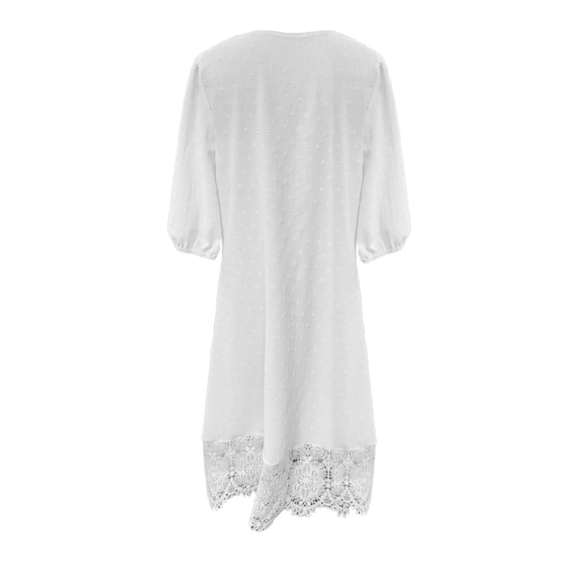 Women'S Soild Lace Skirts Summer V Neck Short Sleeve Casual White Dress For Ladies Loose And Comfortable Vestido Feminino