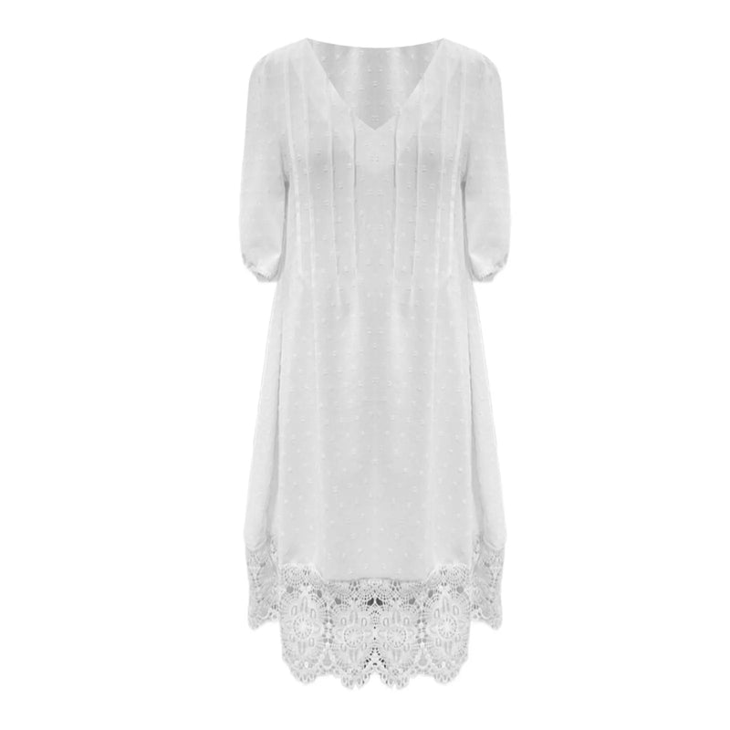 Women'S Soild Lace Skirts Summer V Neck Short Sleeve Casual White Dress For Ladies Loose And Comfortable Vestido Feminino