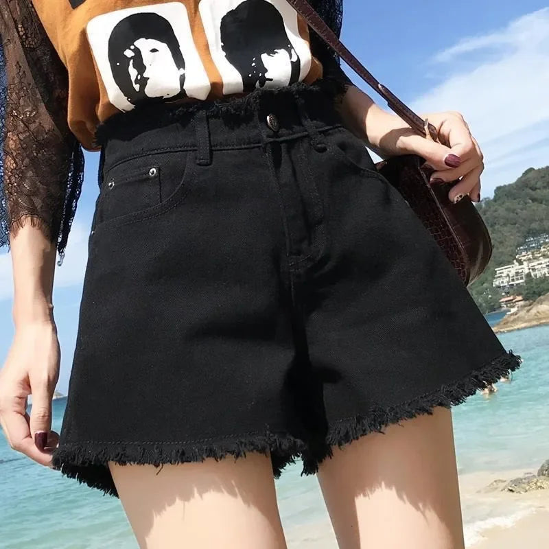 Spring Summer Women Denim Shorts Women Wide Leg Short Jeans Fashion Female High Waist Black Tassels Caual Shorts Girls