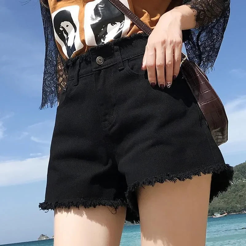 Spring Summer Women Denim Shorts Women Wide Leg Short Jeans Fashion Female High Waist Black Tassels Caual Shorts Girls